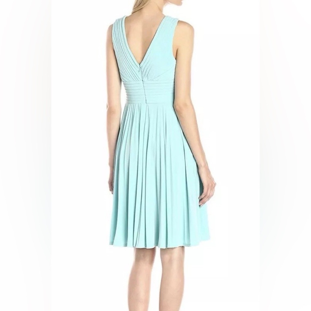Adrianna Papell Banded-Bodice Aqua V-Neck Pleated Midi Jersey Dress Size 8